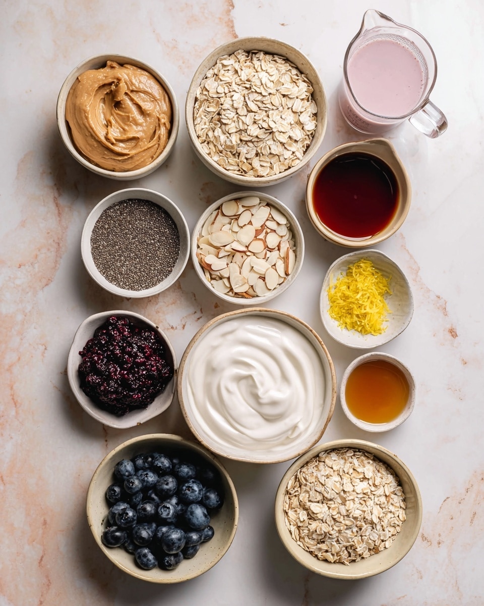 A white bowl filled with light beige rolled oats sits on the right side of a white marbled surface. Above it, a small beige bowl contains tiny dark chia seeds. To the left of the oats, a small beige bowl holds smooth light brown peanut butter. Above this, a small beige bowl is full of dark purple frozen berries, and next to it, a small beige bowl is filled with white creamy yogurt with a soft swirled texture. To the left, a small beige bowl contains fresh dark blueberries. Above this, a small beige bowl holds bright yellow lemon zest. Near the bottom, a clear glass bowl with dark amber syrup and a white bowl with rich brown syrup are placed side by side. At the bottom right, a small beige bowl is filled with toasted almond slices. Behind, a clear glass measuring cup contains light pink liquid. The whole setup is on a white marbled surface. Photo taken with an iphone --ar 4:5 --v 7