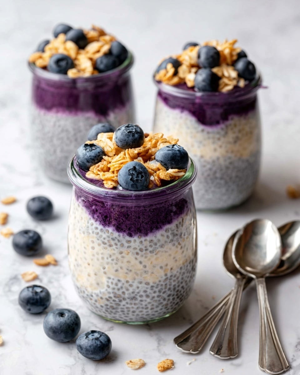 The image shows three small glass jars filled with a layered dessert. At the bottom of each jar is a thick, dark purple fruit layer, topped by a pale, creamy chia seed pudding layer with visible tiny seeds. The pudding layer is smooth and contrasts with the darker fruit layer beneath it. Each jar is finished with a top layer of fresh blueberries and some crunchy, light brown granola pieces sprinkled on top. Around the jars, there are some blueberries scattered on a white marbled surface, and two shiny silver spoons are placed nearby. Photo taken with an iphone --ar 4:5 --v 7