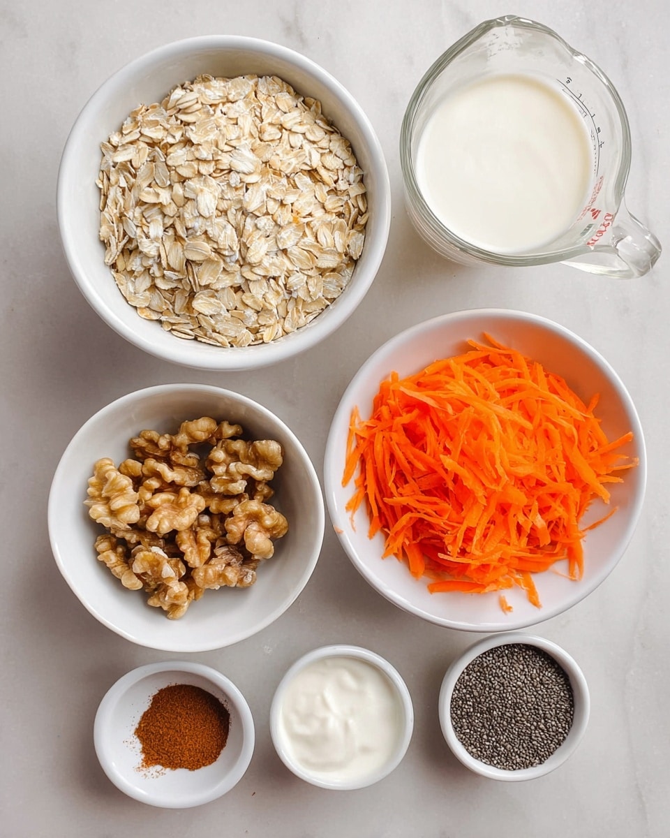 A top-down view of seven separate white bowls and a clear glass measuring cup arranged on a white marbled surface. The largest white bowl holds light tan rolled oats, the second largest white bowl contains bright orange shredded carrots, and the third bowl contains light brown walnuts with a rough texture. A medium-sized white bowl filled with smooth white yogurt is placed nearby. Two small white bowls hold a dark brown cinnamon powder and dark chia seeds with white speckles. The clear glass measuring cup is filled with white milk. photo taken with an iphone --ar 4:5 --v 7