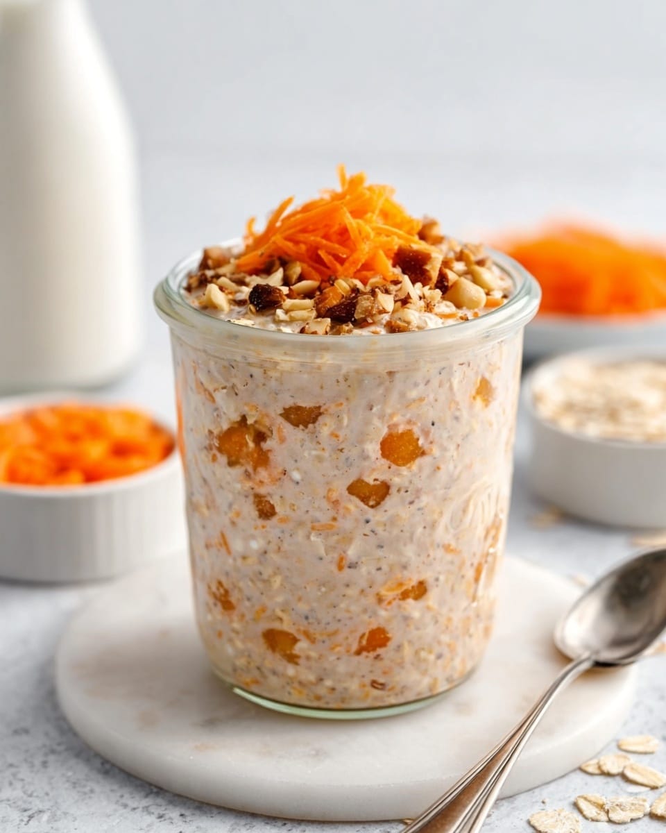 A clear glass jar filled with a creamy mixture that has light brown and orange colors from oats and small chunks of orange fruit mixed throughout. On top, there is a layer of finely chopped nuts and a small pile of bright orange shredded carrot, adding texture and color contrast. The jar is placed on a white marble surface with a white bottle and small white bowls of shredded carrot and oats in the background, softly blurred. A silver spoon rests nearby on the marble. Photo taken with an iphone --ar 4:5 --v 7