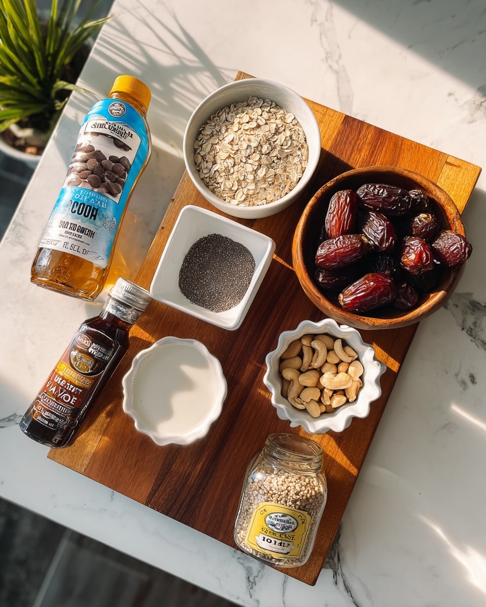 A wooden board on a white marbled surface holds several containers with ingredients. From left to right, there is a white bowl filled halfway with light beige rolled oats, a white square bowl with small black chia seeds, a wooden round bowl filled with dark brown chocolate chips, a clear small glass bowl with tan roasted peanuts, a white scalloped bowl holding dark brown dates, a small glass jar filled with creamy white liquid, a small dark bottle labeled vanilla extract lying down, and a plastic bottle of sugar-free syrup with a yellow cap. A jar of coconut oil with a blue label sits on the upper left of the board. In the top left corner, a small plant is visible, and soft natural light creates shadows across the scene. The photo taken with an iphone --ar 4:5 --v 7