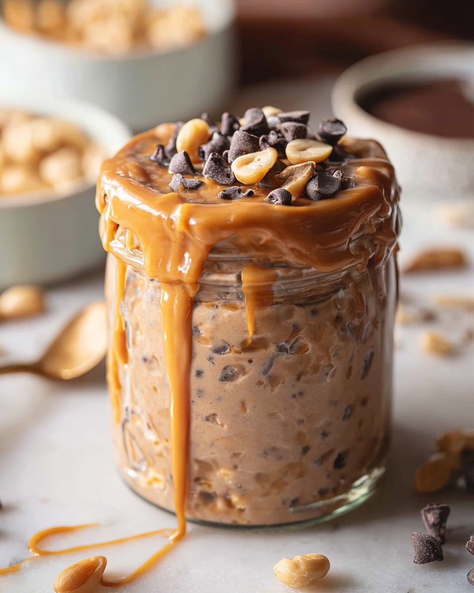 A small clear glass jar filled with a thick, light brown mixture that looks creamy and textured with bits inside. The jar is topped with a layer of caramel sauce, which drips down the sides, and sprinkled with whole peanuts and small dark chocolate chips on top. The background shows a white marbled surface with blurred items including a white bowl of peanuts and a white bowl with dark chocolate in soft focus. Photo taken with an iphone --ar 4:5 --v 7