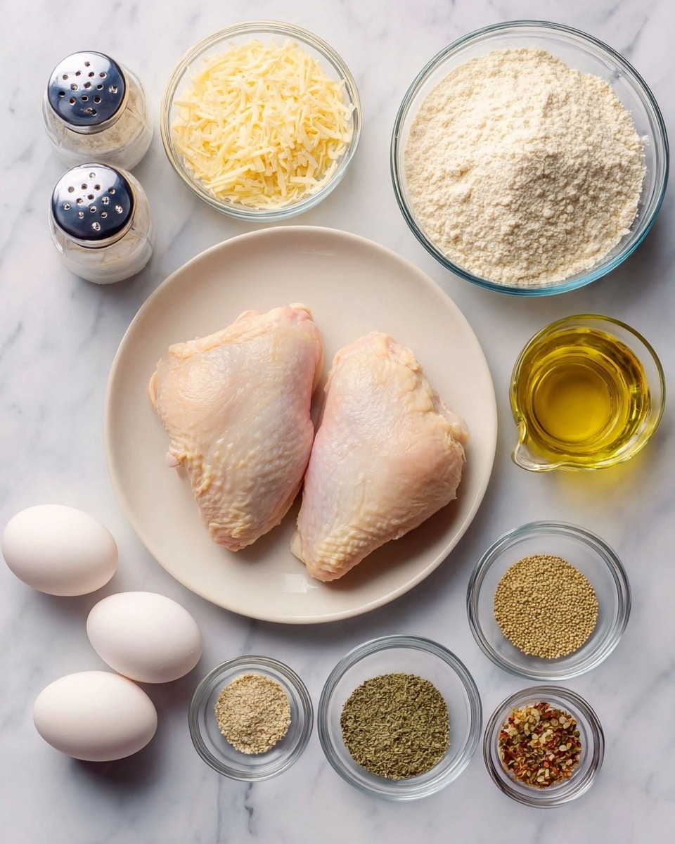 Two raw chicken pieces with pale pink skin lie side by side on a simple white plate placed on a white marbled surface. Surrounding the plate are three white eggs at the bottom left, two small clear glass bowls filled with a beige powder, two medium clear glass bowls filled with white flour and light yellow grated cheese at the top right, and a small jug filled with clear oil near the bottom right. Several small clear glass bowls holding different dried spices in shades of yellowish beige, green, and brown are arranged near the center at the bottom. Salt and pepper shakers with silver lids appear at the top left corner. Photo taken with an iphone --ar 4:5 --v 7