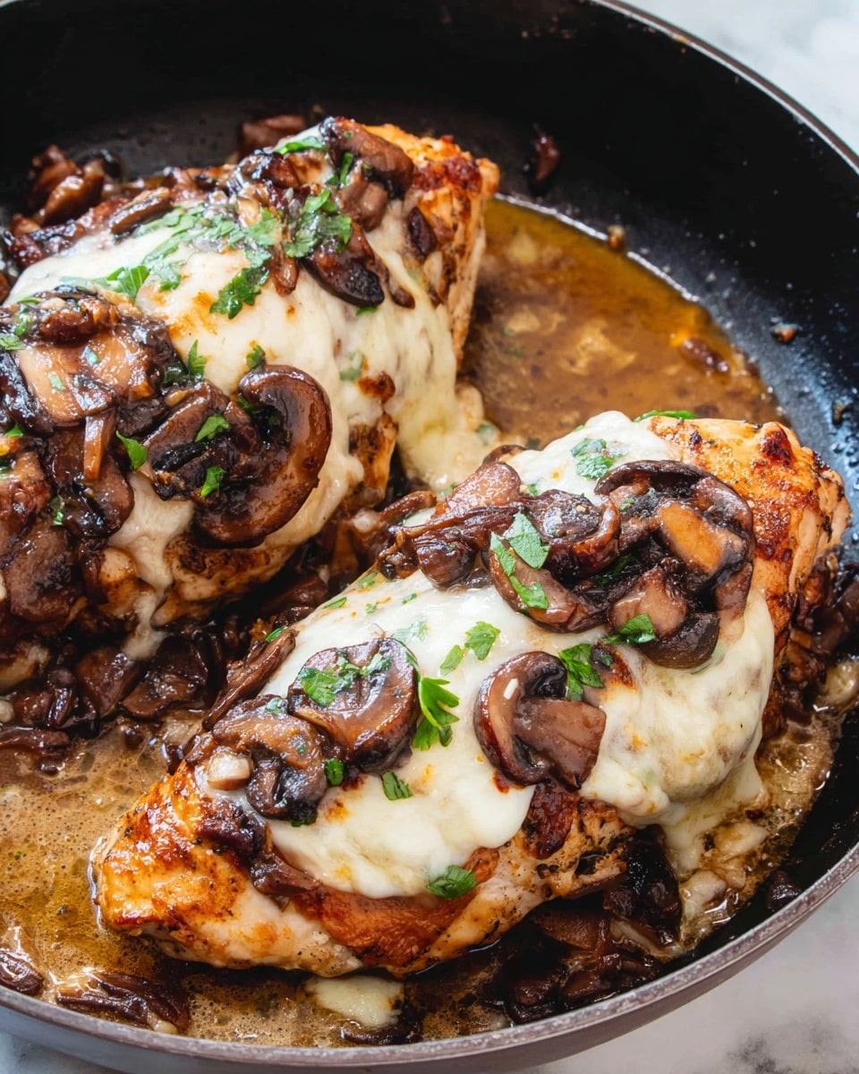 Two cooked chicken pieces sit in a black pan filled with light brown sauce. Each chicken piece is covered with a thick layer of melted white cheese and topped with sautéed dark brown mushroom slices. Small green herb leaves are sprinkled over the cheese and mushrooms. The sauce surrounds the chicken, showing a slightly oily texture. The pan is placed on a white marbled surface. photo taken with an iphone --ar 4:5 --v 7