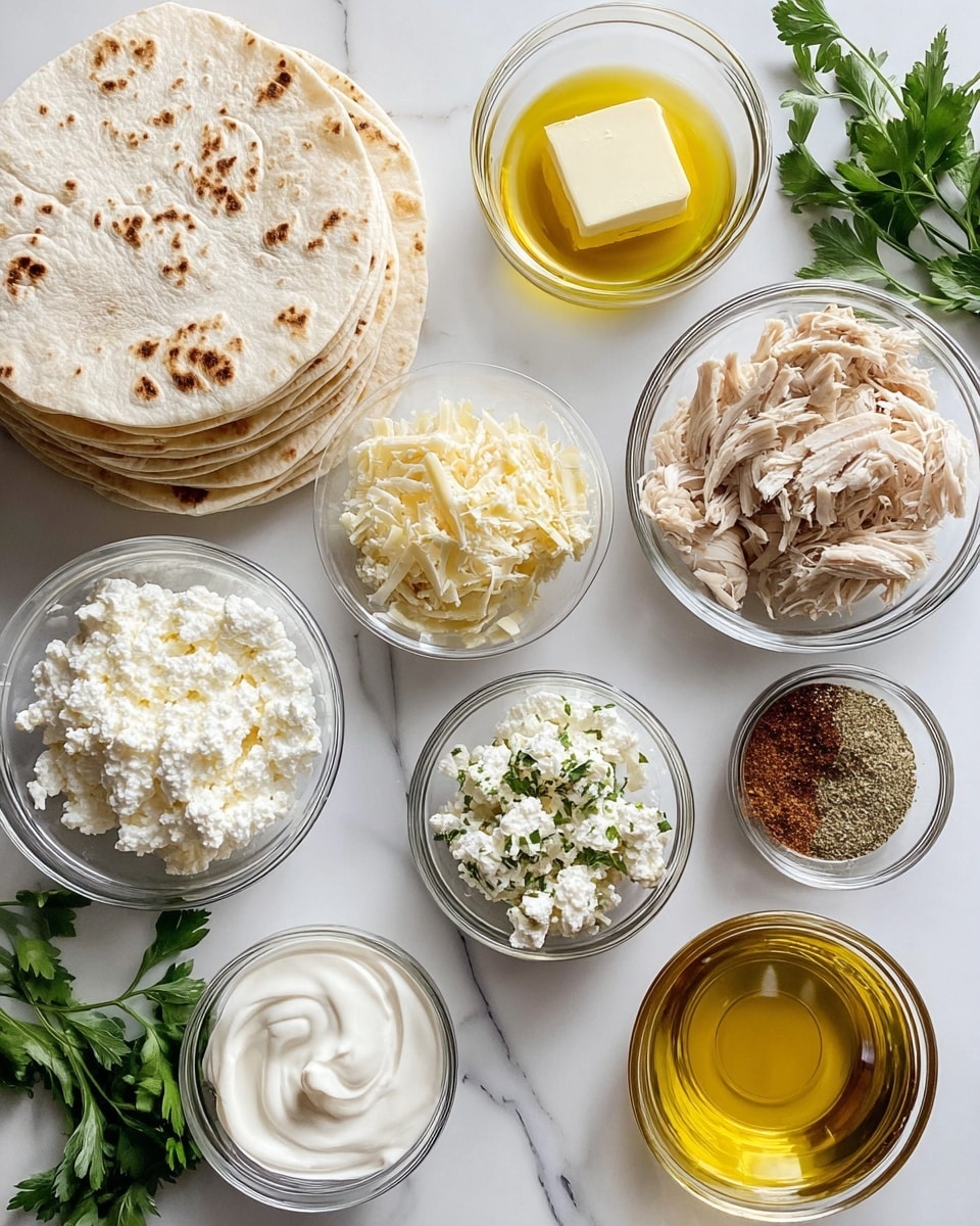 The image shows several small clear glass bowls arranged on a white marbled surface. From top to bottom and left to right, the bowls contain white cottage cheese with a drizzle of yellow oil, a small square of pale yellow butter, shredded light beige chicken, a mix of spices in brown shades, white cream cheese, white ricotta, creamy white sour cream sprinkled with small green herb pieces, a small bowl of golden olive oil, and a smaller bowl of a similar golden liquid. On the left side, there is a stack of light beige tortillas with brown spots and fresh green parsley leaves placed beside them. Photo taken with an iphone --ar 4:5 --v 7