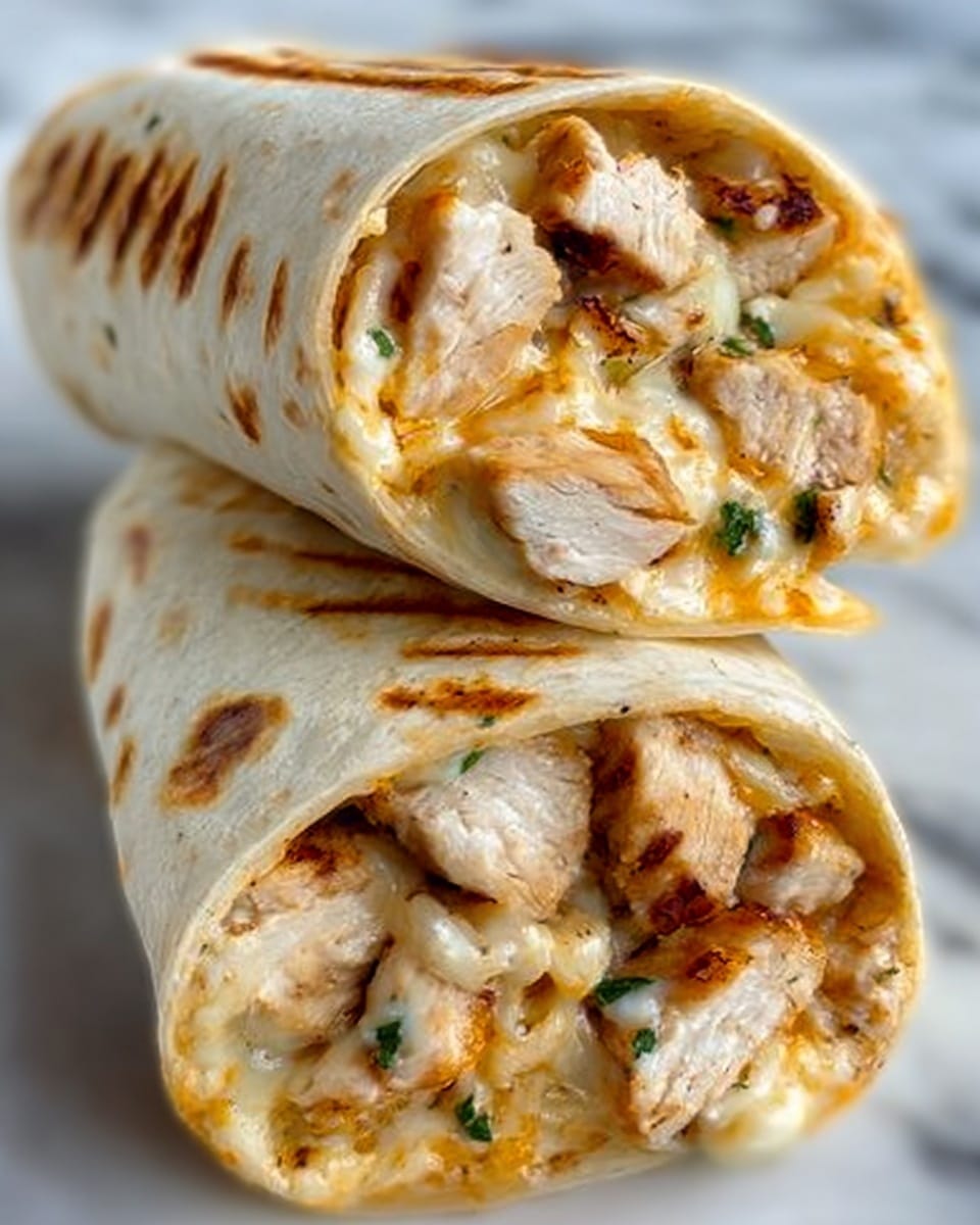 The image shows two large wraps stacked on top of each other, each filled with pieces of grilled chicken that are light brown with visible grill marks. The chicken is mixed with melted cheese that is creamy white and slightly sticky, with hints of orange sauce blending inside. Small green herb bits are scattered throughout the filling. The wraps are tightly rolled in soft, white tortillas with small brown spots. The background is a white marbled surface. Photo taken with an iphone --ar 4:5 --v 7
