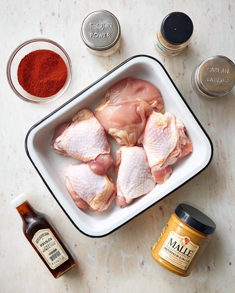 The image shows six raw chicken thighs with pinkish skin and some white fat, arranged loosely inside a white enamel tray with a black rim, placed on a white marbled surface. Around the tray, several spices and sauces are placed, including a small glass bowl containing a bright red spice mix, a silver spice container labeled