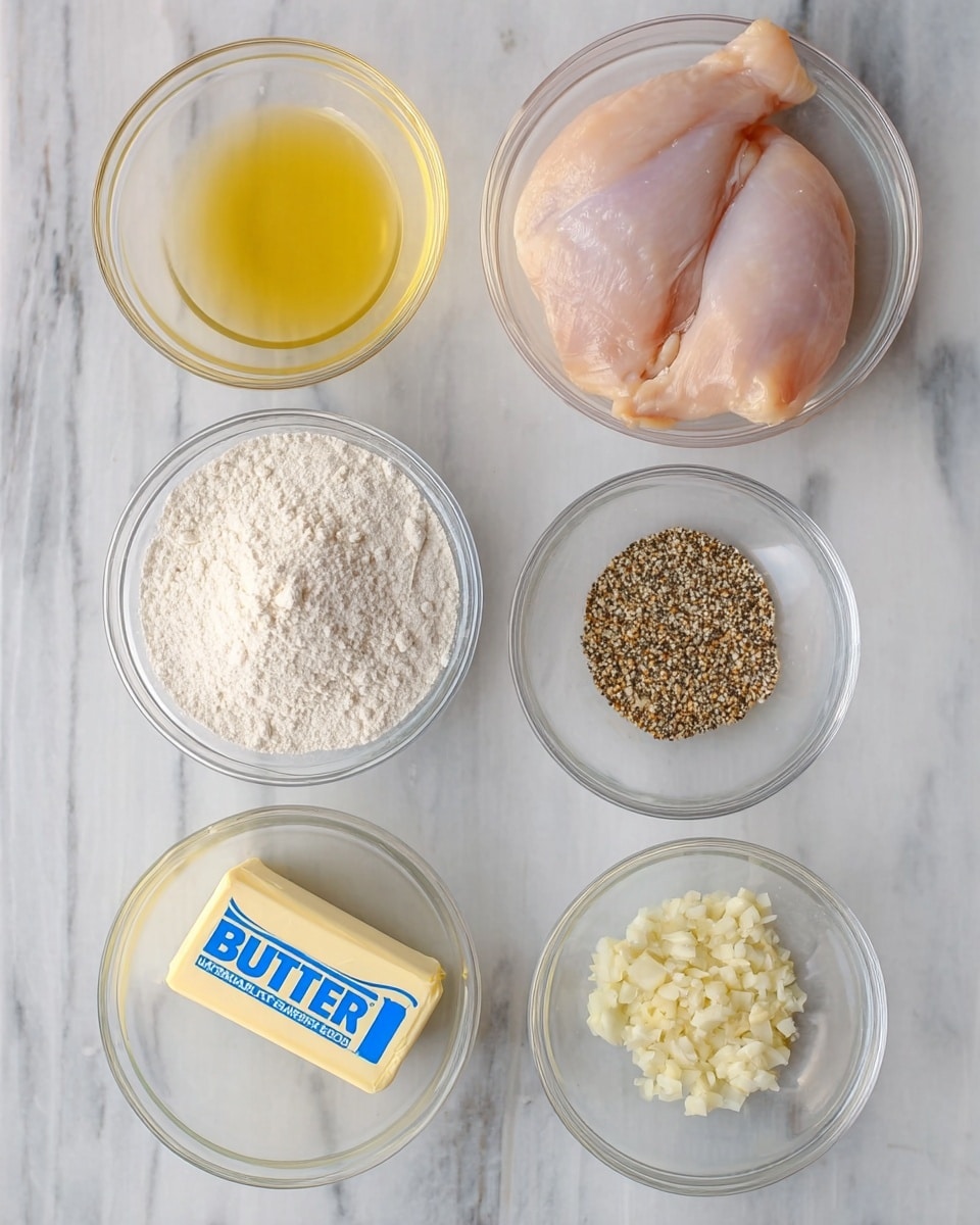 A clear glass bowl holds two raw, pale pink chicken pieces, smooth and slightly shiny, placed side by side near the top of the image. Below this bowl, five smaller clear glass bowls and a yellow butter stick are arranged neatly in a grid on a white marbled surface. Starting from the top left, there is a bowl with light yellow liquid, next to a bowl filled with white flour. Below these, a bowl with coarse black and white pepper mix is on the left, and a bowl with small, chopped white garlic pieces on the right. At the bottom center is a stick of butter with a white wrapper and bold blue text reading