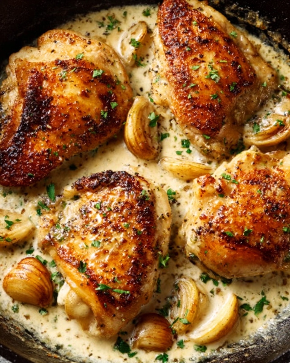 A close-up view of a skillet with four golden brown cooked chicken pieces, each piece showing a crispy textured surface with small browned spots. Scattered between and on top of the chicken are several whole roasted garlic cloves, slightly softened and browned, adding a rustic feel. The skillet base shows some melted creamy white sauce pooling underneath and around the chicken, with fresh green herbs sprinkled on top, providing a touch of color contrast. The overall look is warm and inviting, with a rich combination of textures from crispy skin, soft garlic, and creamy sauce. Photo taken with an iphone --ar 4:5 --v 7