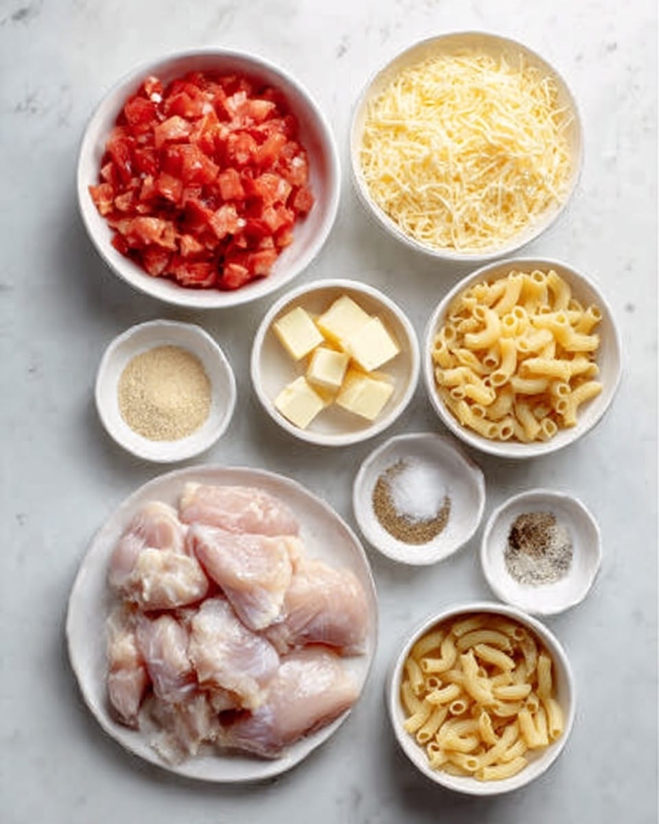 The image shows a white marble surface with nine small white bowls and one white plate arranged neatly. The white plate at the bottom holds raw chicken pieces with a pale pink color and soft texture. Above it to the left is a white bowl filled with chopped red tomatoes. Next to it are small white bowls containing various ingredients: shredded pale yellow cheese, small cubes of butter, uncooked elbow macaroni pasta with a light yellow color, salt, garlic powder, a brownish spice, and black pepper. Each ingredient is clearly visible with distinct colors and textures, all arranged in a clean, organized way. Photo taken with an iphone --ar 4:5 --v 7