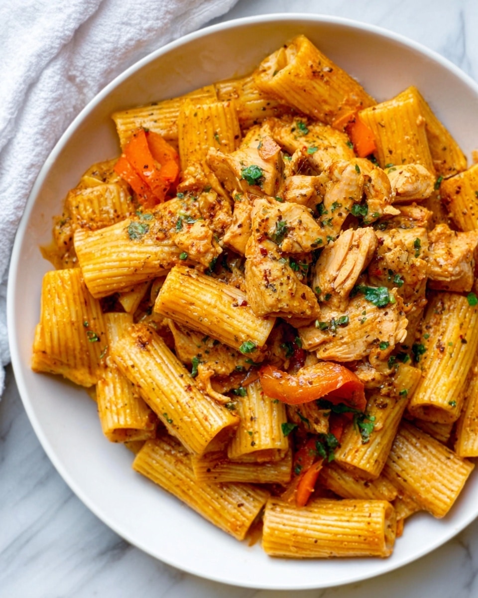 The image shows a close-up of rigatoni pasta mixed with pieces of grilled chicken on a white plate. The rigatoni is coated in a creamy orange sauce, giving the pasta a smooth and slightly shiny texture. The grilled chicken pieces are light brown with a slight char and are scattered evenly among the pasta. There are small green parsley flakes sprinkled over the dish along with red chili flakes for a touch of color and spice. Thin slices of red bell pepper are also seen peeking out from beneath the pasta. The plate sits on a white marbled surface. photo taken with an iphone --ar 4:5 --v 7