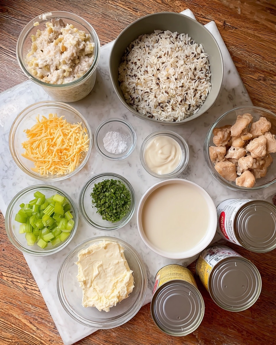 The image shows various ingredients neatly arranged for a recipe on a wooden floor replaced with a white marbled texture. There is a large grey bowl filled with cooked wild rice mixed with white rice in the center. To the right of it, a glass container holds light brown cooked chicken pieces. In front of the rice bowl, there is a white bowl with a creamy white spread or soft cheese. Surrounding these main bowls are several small glass containers and jars: one with chopped green celery, one with white chopped onions, one with light yellow shredded cheese, a small jar with cream, a small bowl of chopped green herbs, another small bowl of chopped garlic, and a tiny dish containing salt. On the far right, two open cans of Campbell’s soup (cream of chicken and cream of mushroom) are visible with a smooth creamy texture inside each. The whole setup is well-organized and ready for cooking, photo taken with an iphone --ar 4:5 --v 7