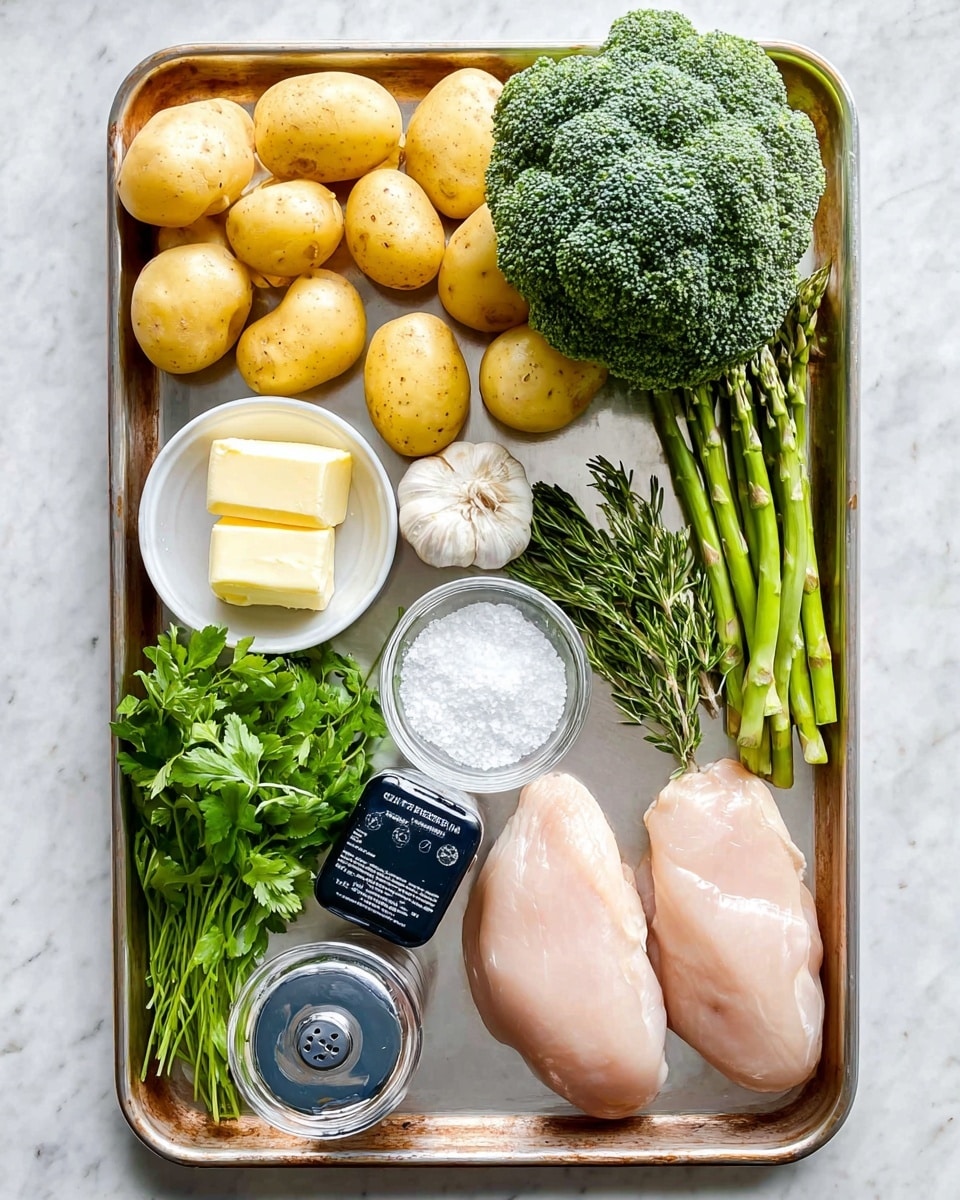 A copper tray holds all the ingredients neatly arranged on a white marbled surface. On the left side are about fifteen small yellow potatoes with smooth skin. Above the potatoes, a large, bright green broccoli head sits with its bumpy texture visible. Below the potatoes, fresh green herbs including rosemary and cilantro are placed, their leaves vibrant and textured. A small garlic bulb with white papery skin rests near the herbs. Two bursts of butter, pale yellow and smooth, are placed on a small white bowl in the lower left corner. Near the center lies a clear small glass bowl filled with white salt crystals, and beside it, a black pepper grinder lays horizontally with a visible label. On the lower right side, two raw pale pink chicken breasts rest side by side, smooth and shiny. Five medium green asparagus stalks stretch horizontally above the pepper grinder. The entire arrangement is bright and clean, with a sharp focus on all natural textures and colors. photo taken with an iphone --ar 4:5 --v 7