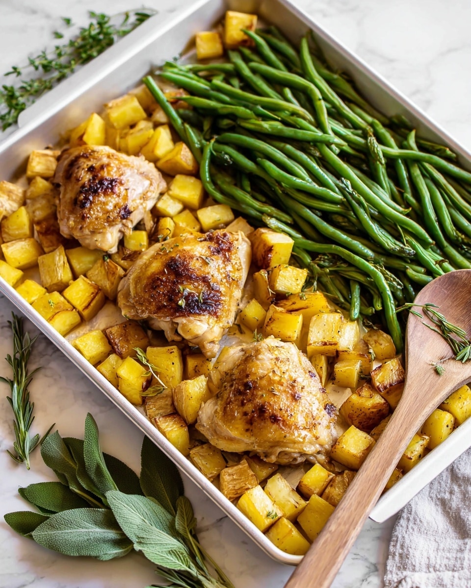 The image shows a white baking tray filled with a meal made of three pieces of golden-brown roasted chicken thighs placed on top of a layer of square-cut, roasted yellow potatoes that are slightly browned on the edges. To the right of the chicken and potatoes is a neat pile of cooked green beans with a slight shine, indicating they were sautéed or roasted. A wooden spoon rests on the right side of the tray, partially touching the green beans. The tray is set on a white marbled surface with some fresh green herbs like sage and thyme placed at the bottom edge of the tray. The whole scene is bright with natural light. photo taken with an iphone --ar 4:5 --v 7