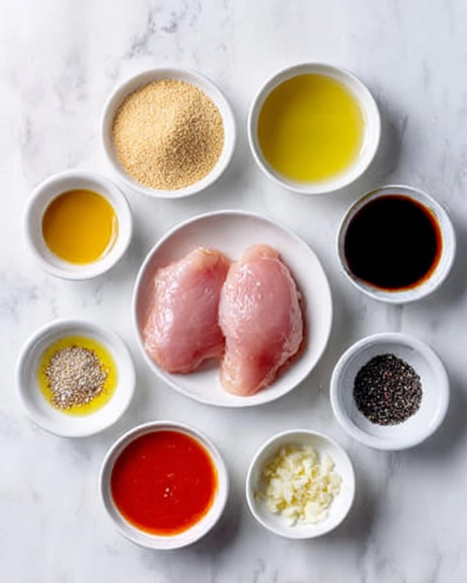 The image shows seven small white bowls arranged neatly on a white marbled surface. At the center is a bowl with two raw pink pieces of chicken with smooth texture. Surrounding it are six bowls: at the top left, light brown granulated sugar; top right, golden-yellow olive oil; middle right, dark brown soy sauce with a glossy surface; bottom right, a small amount of black pepper with some coarse texture; bottom center, bright orange-red hot sauce with a smooth liquid texture; bottom left, pale minced garlic with a slightly chunky texture. The bowls and their contents create a balanced and organized layout. Photo taken with an iphone --ar 4:5 --v 7