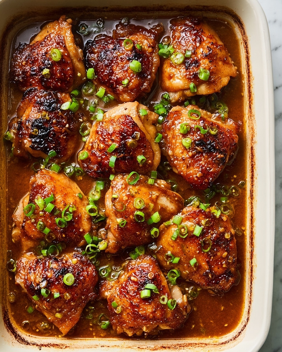 The image shows a white rectangular baking dish filled with several golden-brown cooked pieces of chicken thighs sitting in a shiny brown sauce. The chicken pieces have a slightly crispy texture with some darker grill marks on top. Scattered on the chicken and sauce are small bright green chopped scallions, adding fresh color contrast. The edges of the baking dish show some browning and slight crust buildup from cooking. The dish rests on a white marbled surface. photo taken with an iphone --ar 4:5 --v 7