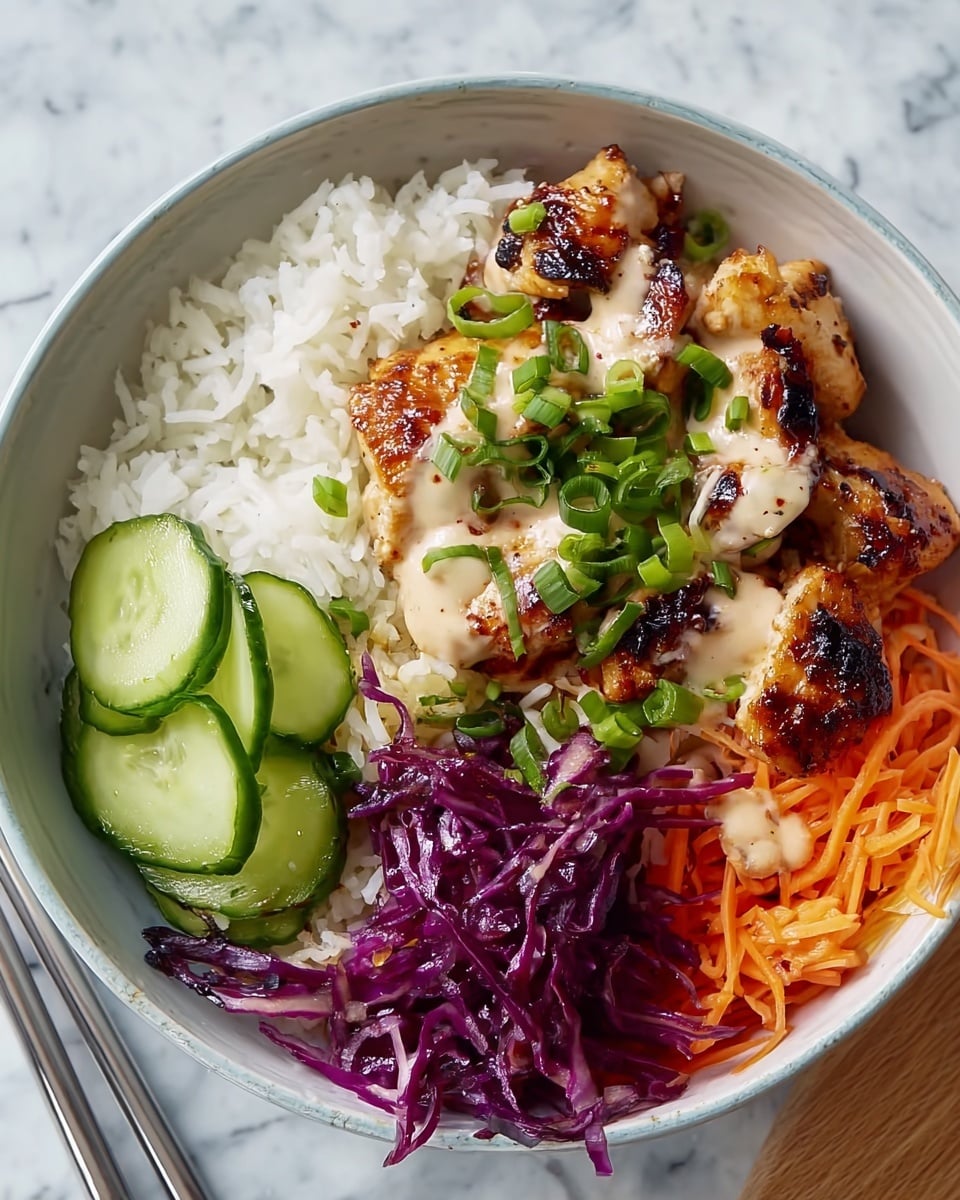A white bowl holds a colorful meal with four main layers arranged side by side: at the bottom, fluffy white rice forms the base; to its left, there are bright green cucumber slices with a smooth texture; next to them is a portion of grilled chicken pieces with a golden brown and charred surface, topped with a creamy light sauce and chopped green onions; to the right, a mix of thin, curly orange carrot strips and finely shredded deep purple cabbage adds freshness and crunch. The bowl sits on a white marbled surface, and there are metal chopsticks next to it. photo taken with an iphone --ar 4:5 --v 7