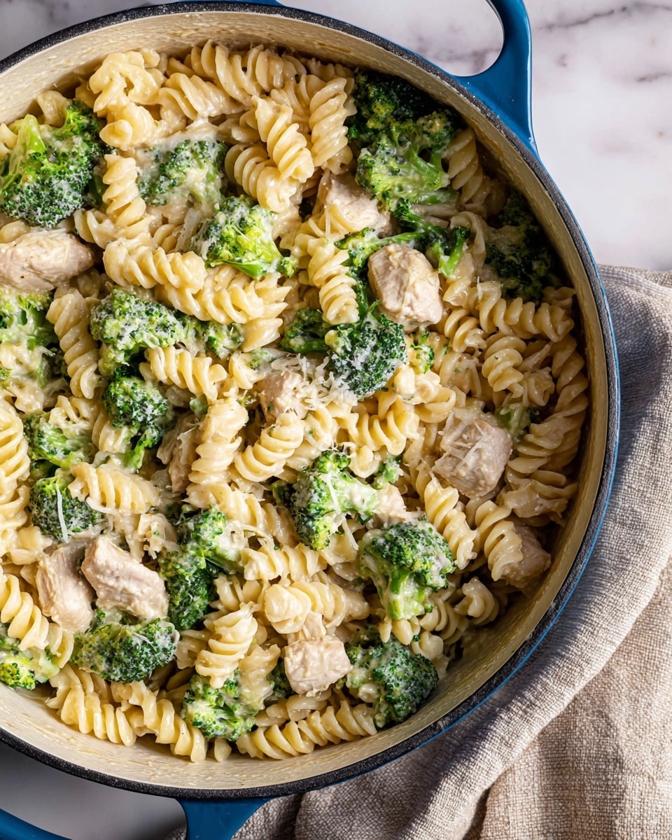 A close-up of a white pot filled with creamy pasta, broccoli, and light pieces of chicken mixed evenly. The pasta is spiral shaped and pale yellow, while the broccoli pieces are bright green with some texture. The sauce is light, coating all ingredients smoothly. The pot has a blue handle and sits on a soft beige cloth on a white marbled surface. photo taken with an iphone --ar 4:5 --v 7