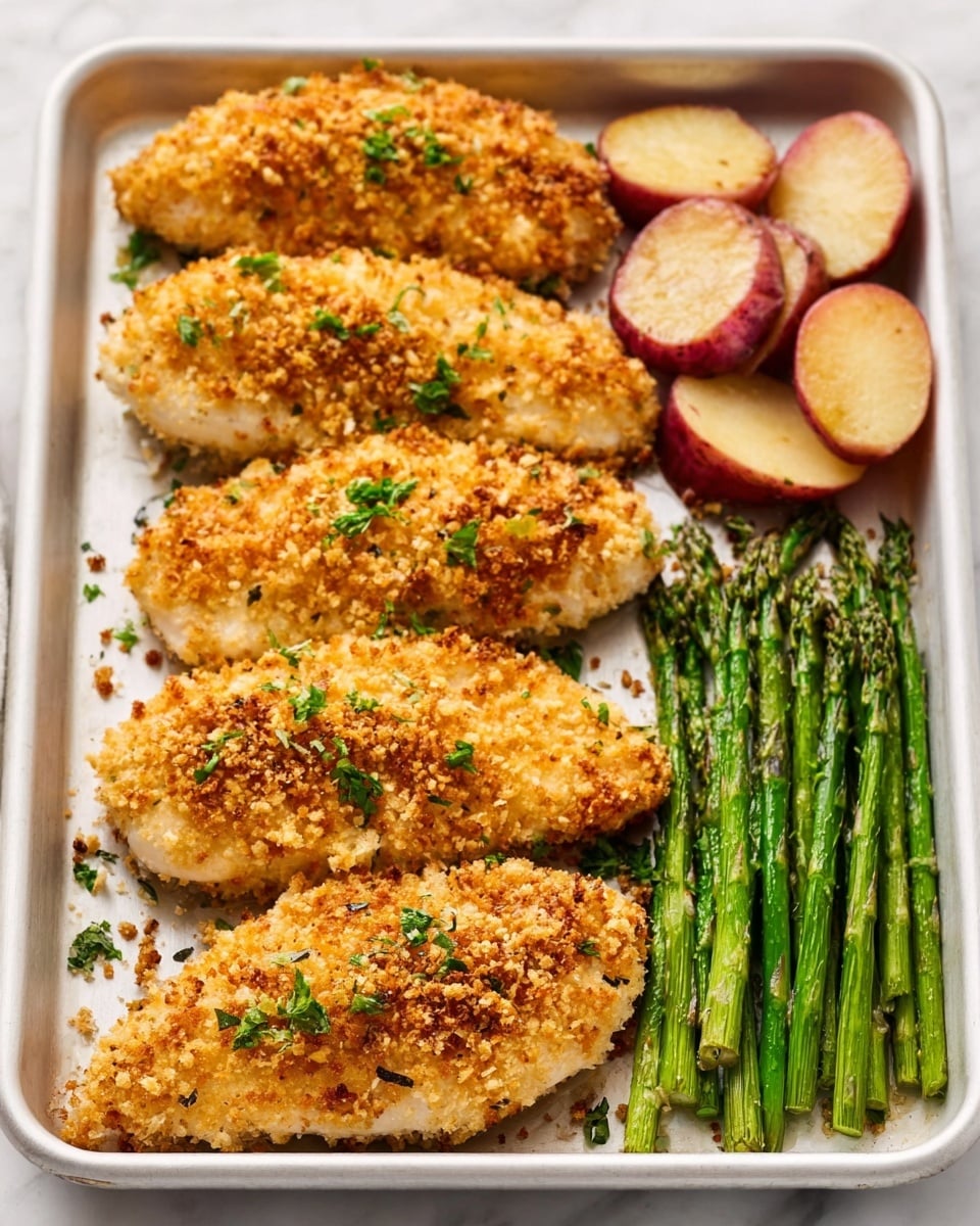 The image shows a white tray with five pieces of golden-brown breaded chicken lined up on the left. The chicken looks crunchy with a crumbly texture and small bits of green herbs sprinkled on top. On the right side of the tray, there are bright green cooked asparagus spears and a few slices of light red-skinned potatoes with a soft texture. The tray is on a white marbled surface. photo taken with an iphone --ar 4:5 --v 7