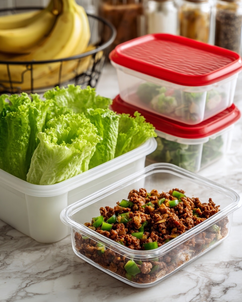 The image shows a white rectangular container filled with fresh green lettuce leaves that have a crisp, leafy texture. Next to it, there is a small clear square container holding cooked ground meat mixed with green bell pepper pieces and onion chunks, showing a mix of brown, green, and translucent colors. Behind the containers, two more clear containers with tightly closed red lids are stacked on a white marbled surface with a wire basket of bananas and some seasoning containers in the background. Photo taken with an iphone --ar 4:5 --v 7