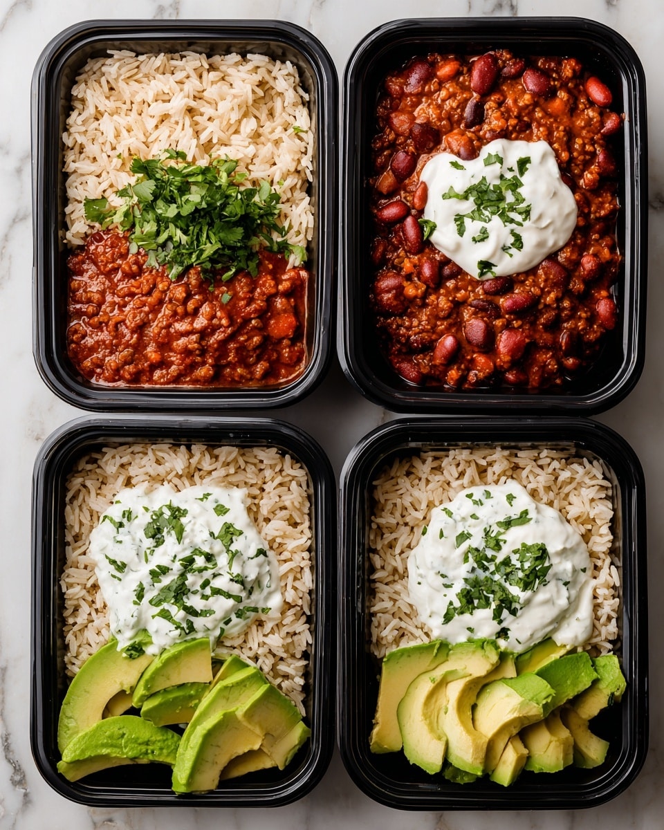 The image shows six black rectangular meal containers arranged neatly on a white marbled surface. Each container has four distinct layers: the bottom left section is filled with light brown rice, the bottom right section holds a thick reddish-brown chili with beans, the top right section contains green avocado slices, and the top left section has dollops of white sour cream mixed with chopped green herbs, creating a fresh textured look. The layers have clear separation, and the colors make the meal look fresh and appetizing. Photo taken with an iphone --ar 4:5 --v 7