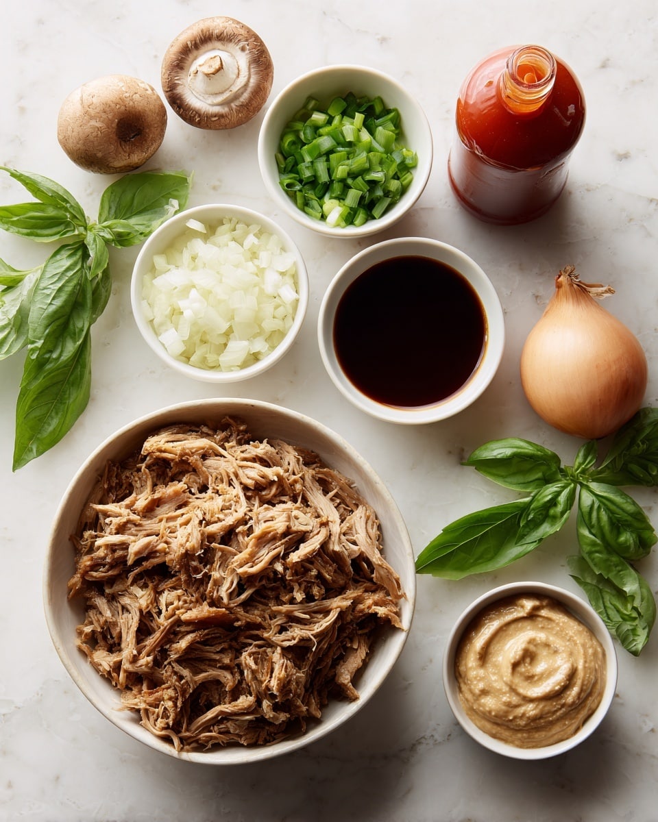 A white bowl filled with light brown shredded meat sits near small white bowls holding finely chopped pale yellow garlic and green scallions. Nearby, a white bowl contains a dark golden liquid sauce, while another small white bowl holds a tan creamy paste. A clear glass bottle with red sauce, possibly sriracha, is also on the white marbled surface, along with fresh green basil leaves, a brown mushroom, a whole garlic bulb, a white onion, and one brown egg. Everything is arranged neatly in a scattered layout on the white marbled background. photo taken with an iphone --ar 4:5 --v 7