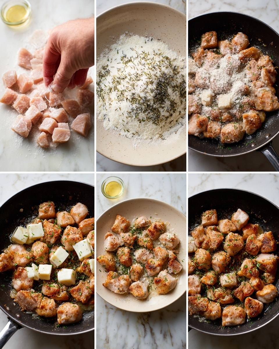 This image shows six steps of cooking chicken pieces. The first step at the top left has a woman's hand patting dry light pink chicken cubes on a white marbled surface. The top right step shows the same chicken cubes sprinkled with white flour and dried herbs. In the middle left, the chicken pieces are coated evenly with flour and seasoning. The middle right picture shows the chicken cooking in a black pan, with the cubes turning light golden brown on the edges. The bottom left image shows the chicken browned with small white butter cubes and sprinkled green herbs added on top. The last step on the bottom right shows the chicken fully cooked, browned, glistening in the pan with melted butter and fresh herbs. Photo taken with an iphone --ar 4:5 --v 7