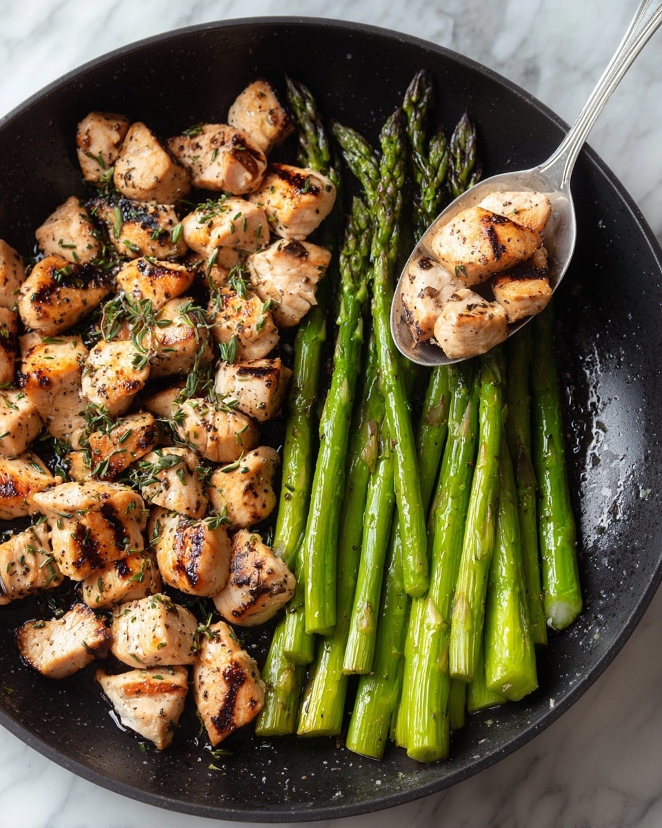 The image shows a close-up of a black pan filled with small pieces of cooked chicken that are golden brown with grill marks and some herbs sprinkled on top, arranged on the left side. On the right side, there are several bright green asparagus spears with light char marks. A silver spoon holds a few pieces of the chicken above the pan. The background and surface beneath the pan have a white marbled texture. Photo taken with an iphone --ar 4:5 --v 7