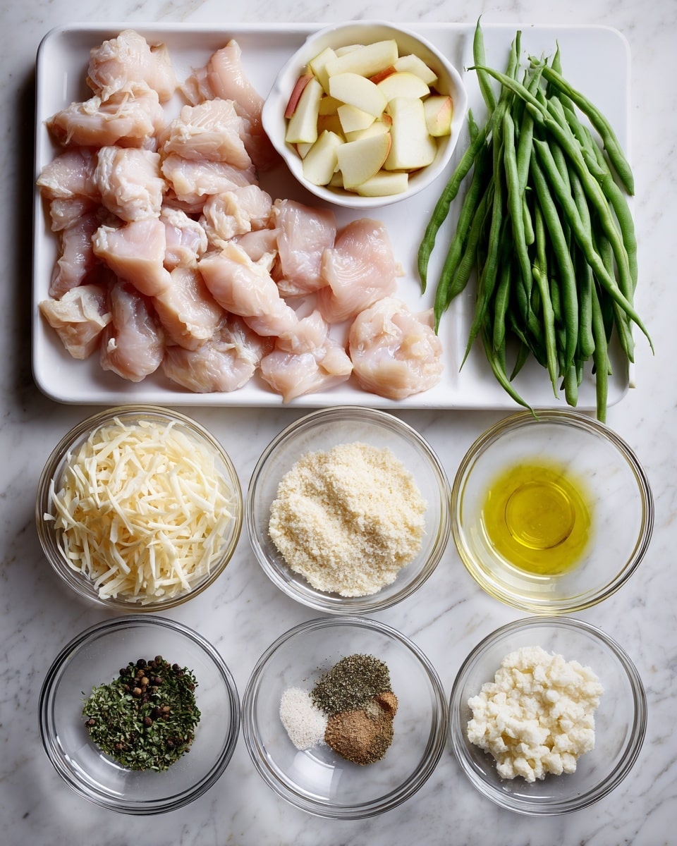 The image shows raw chicken pieces neatly placed in a white tray, with a peeled and chopped apple in a white bowl to the upper left and a bunch of green beans to the upper right on a white marbled surface. Below the apple and green beans are six small clear glass bowls arranged in two rows, containing different ingredients: shredded cheese, breadcrumbs, black pepper, minced garlic, dried herbs, and olive oil. The colors vary from light beige and yellow to green and white, with textures ranging from smooth chicken to finely shredded cheese and round olive oil. Photo taken with an iphone --ar 4:5 --v 7