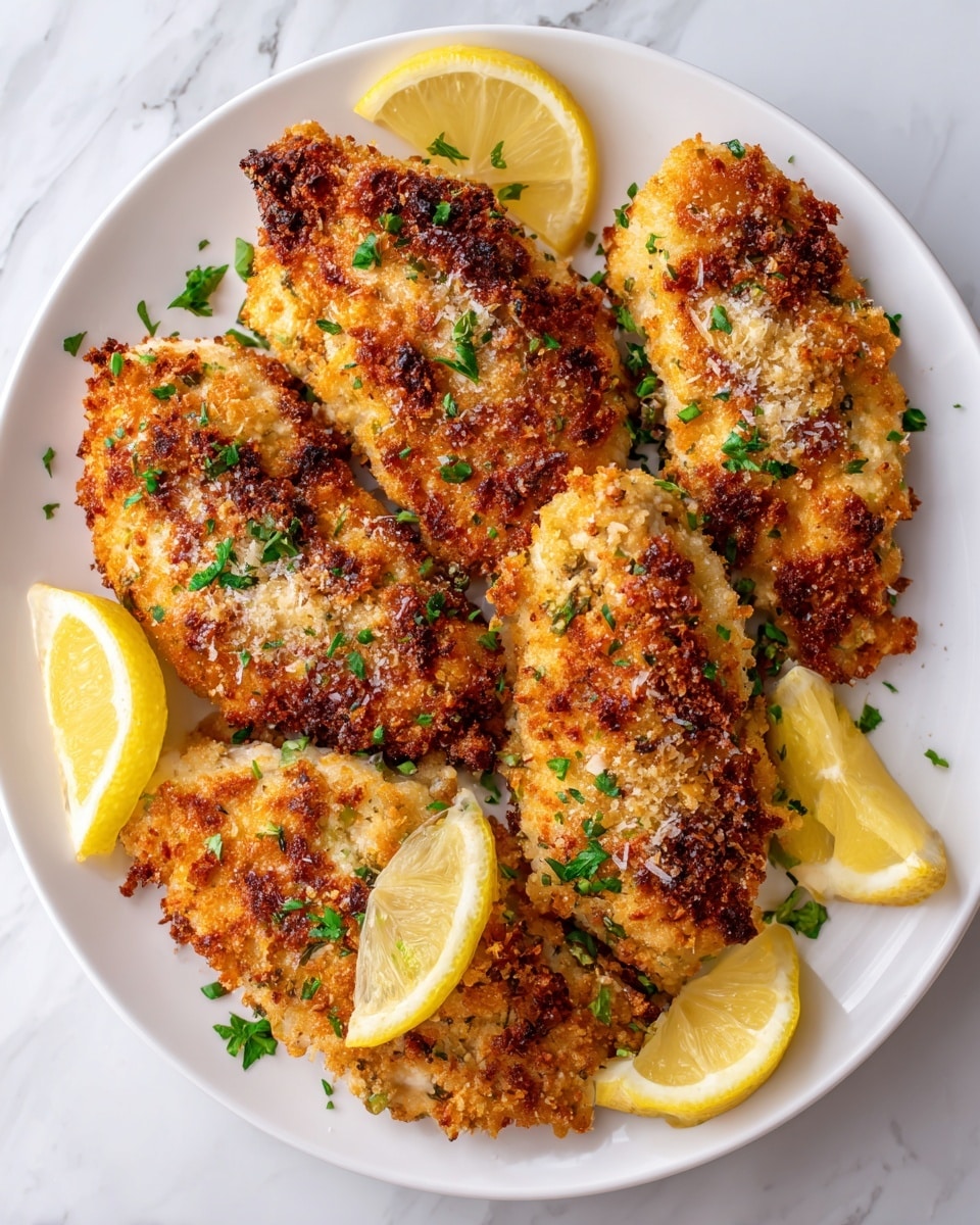 Five pieces of golden breaded chicken are arranged closely on a white plate, each piece showing a crunchy, uneven textured coating with green herb flecks and sprinkled with large flakes of salt. The chicken pieces have a mix of light golden and darker toasted brown areas on top, giving a crispy, crumbly look. Three lemon wedges with bright yellow color and juicy texture are placed between and around the chicken, adding freshness and color contrast. The plate sits on a white marbled texture surface, enhancing the freshness of the dish. photo taken with an iphone --ar 4:5 --v 7