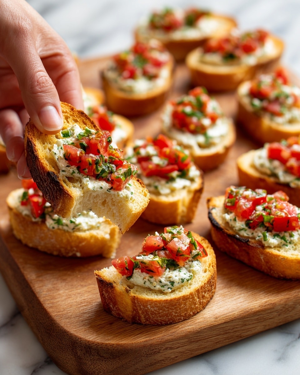 The image shows small open-faced sandwiches on a wooden board and a white baking tray in the background. Each sandwich has a toasted bread base that is light golden brown in color, topped with a layer of creamy white spread mixed with finely chopped green herbs. On top of the spread is a layer of small diced bright red tomatoes mixed evenly with more green herbs. The edges of the toasted bread are lightly crisp with a soft and slightly airy center. A woman's hand is holding one of the sandwiches with a bite taken out, showing the soft inside of the bread and the colorful topping layers. The background is a white marbled surface. photo taken with an iphone --ar 4:5 --v 7