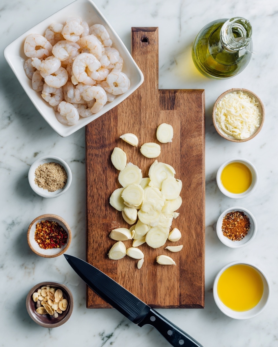 A top-down view of a wooden chopping board on a white marbled surface. The chopping board holds thinly sliced garlic pieces arranged neatly and a few whole garlic cloves. Next to the board, on the left, there is a white rectangular dish filled with raw peeled shrimp. A large black knife lies horizontally across the bottom part of the chopping board. In the top right corner, there is a green glass oil bottle. Small bowls containing spices and a yellow liquid are placed around the chopping board on the white marbled surface. photo taken with an iphone --ar 4:5 --v 7