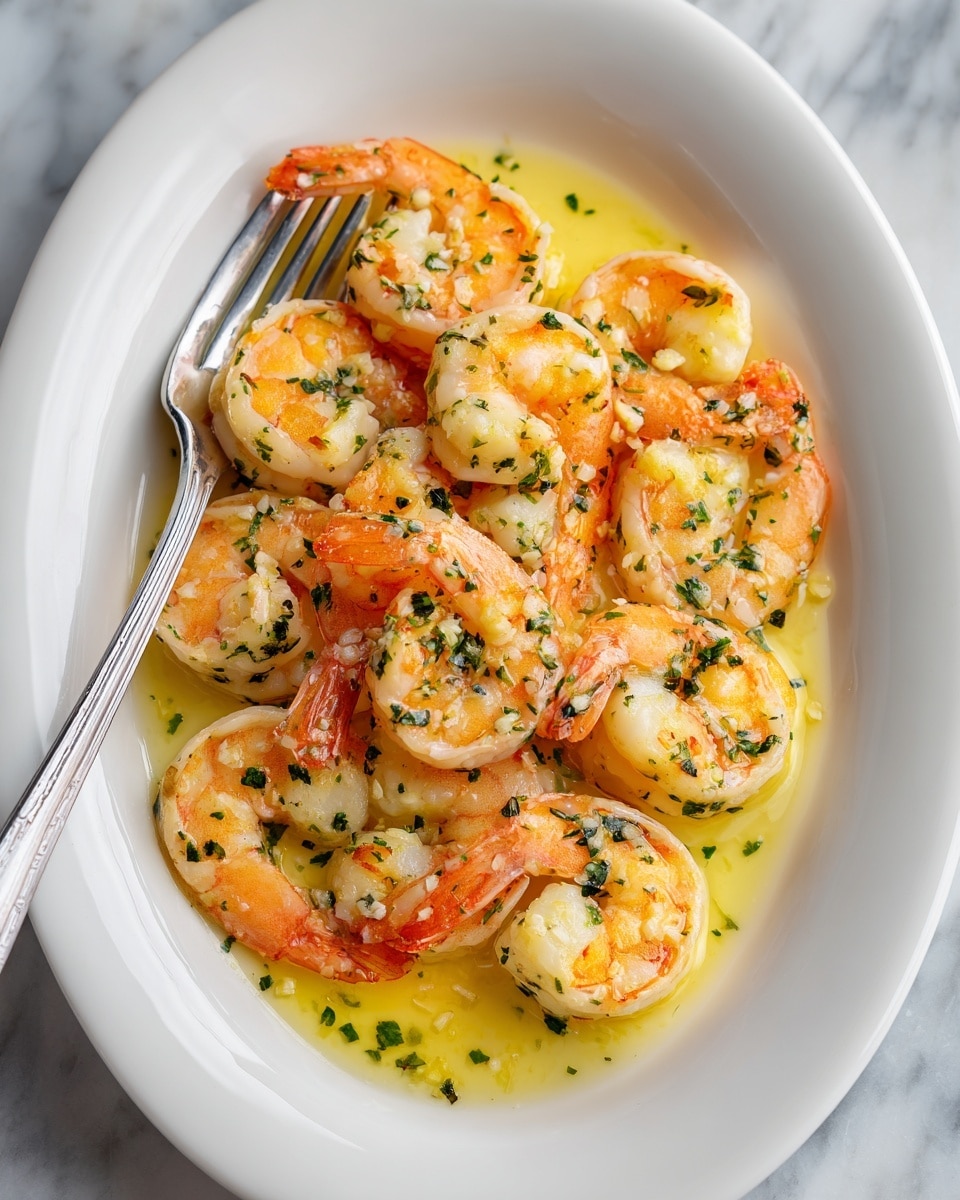 A white oval plate filled with cooked shrimp arranged in a circular pattern. The shrimp are orange with a slight shine, layered on a light yellow sauce that looks buttery and glossy. Small bits of white garlic and green chopped herbs are scattered evenly over the shrimp. A silver fork rests diagonally on the plate. The plate sits on a white marbled surface. Photo taken with an iphone --ar 4:5 --v 7