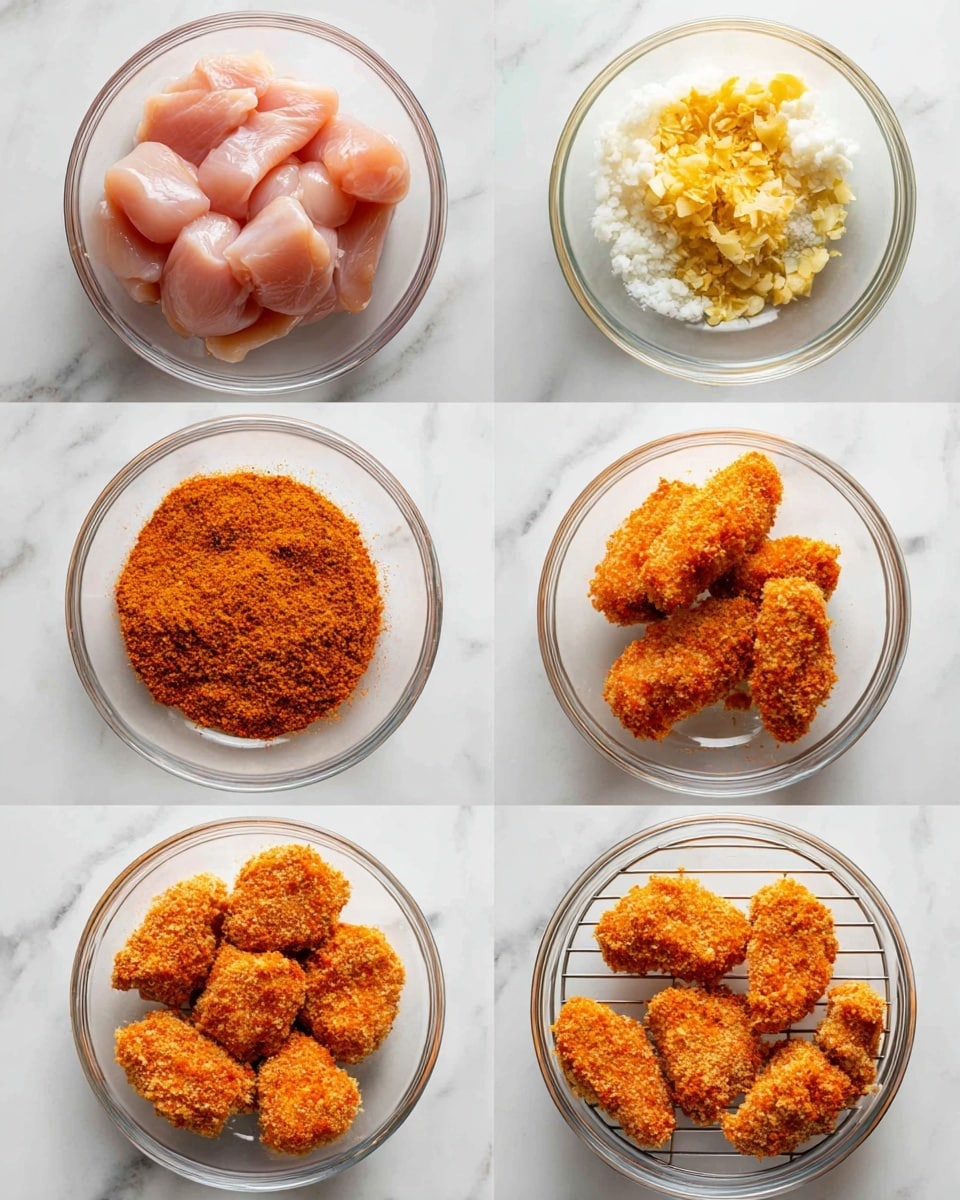 The image shows six steps of preparing a dish in a clear glass bowl and on white surfaces. In the first frame, there are raw, light pink pieces of chicken fillets and small chunks in the glass bowl. The second frame adds yellowish ginger and white minced garlic on top of the chicken pieces inside the same bowl. In the third and fourth frames, the chicken is mixed with orange-red spices, making the pieces fully coated with a thick marinade. The fifth frame shows the chicken pieces covered in an orange bread crumb mixture, arranged on a white surface, and the sixth frame has the breaded chicken pieces placed neatly on a wire rack, ready for cooking. The whole process is shown on a white marbled surface. Photo taken with an iphone --ar 4:5 --v 7