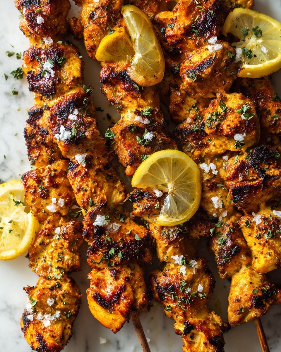 The image shows several grilled chicken skewers arranged closely on a white marbled surface. Each skewer has pieces of golden-brown grilled chicken with some darker charred spots, giving a crispy texture. The chicken looks moist and slightly rough from the spices and grill marks. On top of the skewers are a few lemon wedges, bright yellow with a smooth texture and slightly shiny surface. The skewers are sprinkled with small green herbs and coarse salt crystals, adding detail and contrast to the warm colors of the chicken. photo taken with an iphone --ar 4:5 --v 7