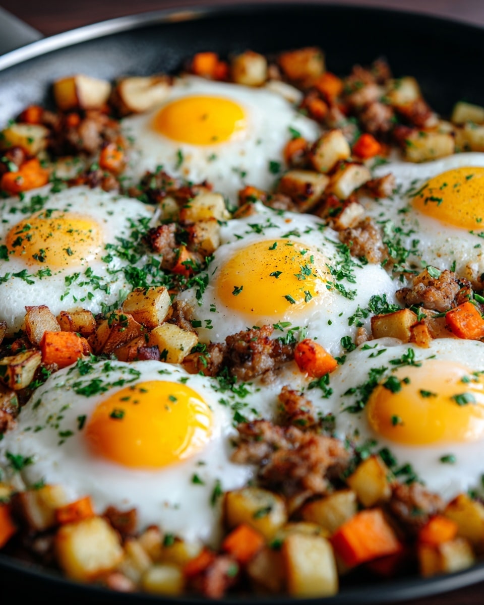 A close-up view of a dish with four fried eggs evenly placed, each with bright yellow yolks and white edges that blend into a mixture of diced golden-brown potatoes, small pieces of browned meat, and bits of orange carrots spread all around. The dish is topped with chopped green herbs scattered across the eggs and potatoes, all sitting on a dark cooking surface blurred in the background. photo taken with an iphone --ar 4:5 --v 7
