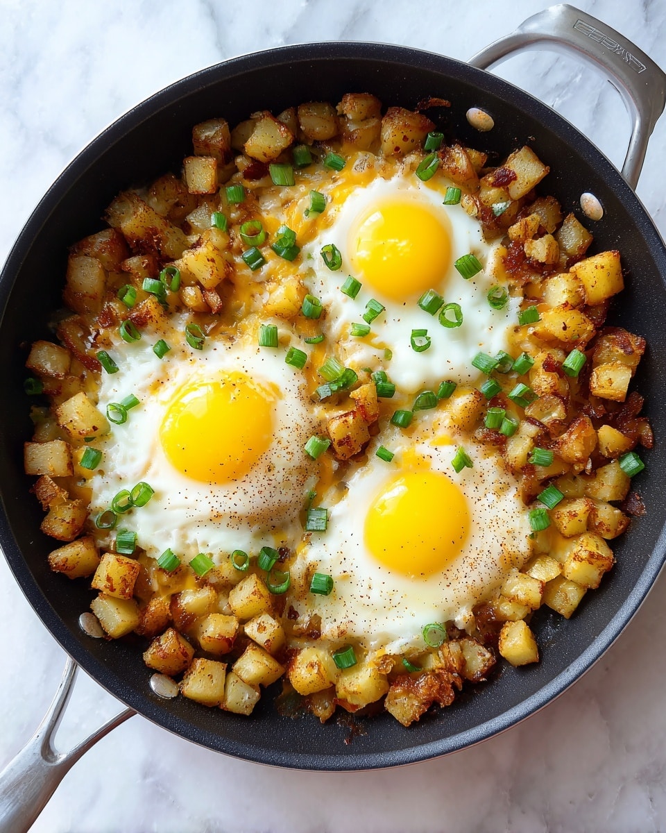 The image shows a black frying pan filled with a dish made of small diced potatoes mixed with melted yellow cheese. On top, there are three cooked sunny-side-up eggs with bright yellow yolks and white edges. Small green onion pieces are sprinkled around the eggs and potatoes, adding a fresh touch. The cheese looks melted and slightly browned, blending well with the soft potatoes underneath. The pan sits on a white marbled surface. Photo taken with an iphone --ar 4:5 --v 7
