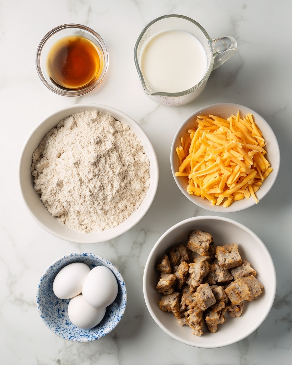 The image shows six white bowls and a glass measuring cup arranged on a white marbled surface. The largest white bowl at the bottom right is filled with small pieces of cooked sausage, showing a mix of light brown and gray tones with some crisp edges. To the left, a medium white bowl holds a coarse, pale beige flour. Above it, a small white bowl contains a dark amber liquid, likely vanilla or syrup. Next to it, a glass measuring cup is filled with white milk. At the top right, a white bowl is full of shredded orange cheddar cheese strands. Finally, at the top left, a small white bowl with blue speckles holds two white eggs. photo taken with an iphone --ar 4:5 --v 7