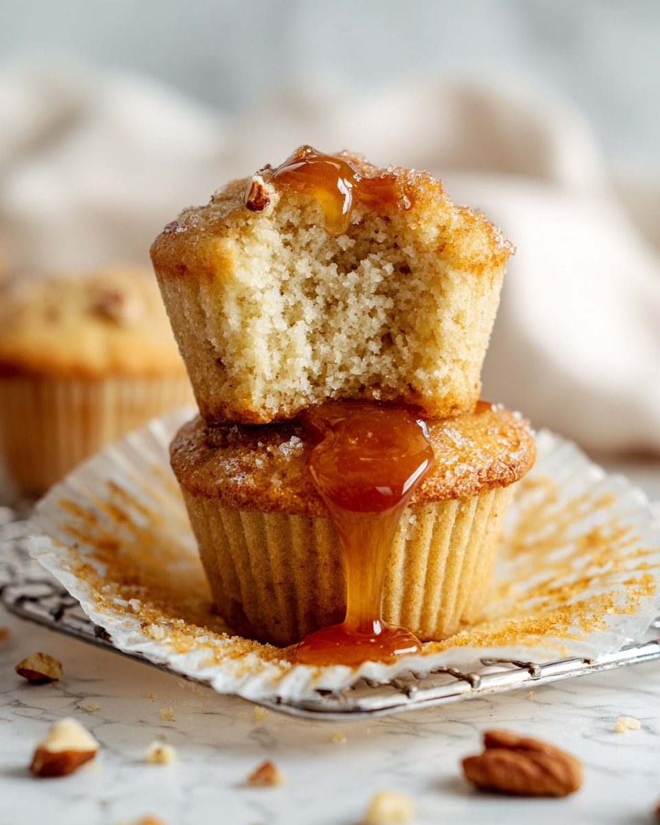 The image shows a close-up of a soft muffin with one muffin on the bottom and half of a muffin stacked on top, topped with light brown syrup that drips slightly down the sides. The muffin has a light golden color with a moist texture and small crumbs visible inside the half piece. The muffins are placed on white parchment paper on a silver wire rack, with a white marbled surface underneath. Scattered small nut pieces and syrup drops are around the muffins. In the background, there is a soft white cloth adding to the light atmosphere. photo taken with an iphone --ar 4:5 --v 7