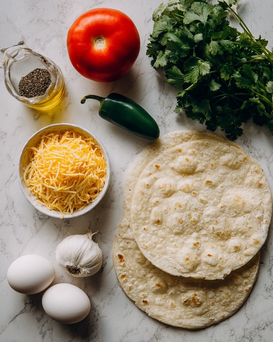 The image shows ingredients arranged on a white marbled surface, including two pale beige tortillas stacked on the right side. Above the tortillas is a small bunch of fresh green cilantro with textured leaves. To the left, there is one whole bright red tomato and a small dark green jalapeño pepper. In the center is a small white bowl filled with shredded yellow cheddar cheese. Near the bottom left, a peeled bulb of white garlic and a group of five white eggs rest on the surface. There is also a tall transparent container with black pepper next to the tomato and a small clear bottle of golden oil near the top left corner. The overall layout is neat and light, highlighting the fresh ingredients. photo taken with an iphone --ar 4:5 --v 7