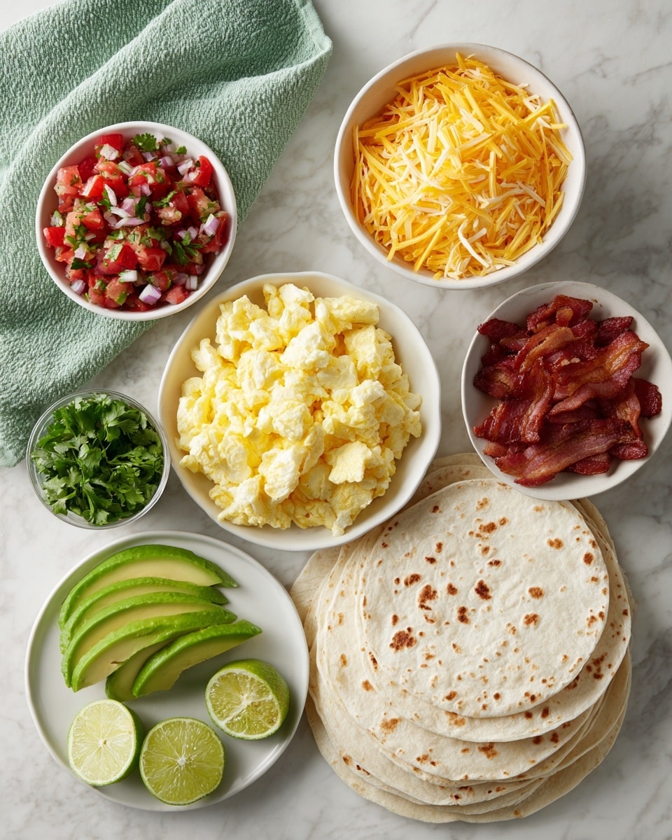 This image shows a flat lay of breakfast ingredients arranged neatly on a white marbled surface. In the center right, there is a stack of white tortillas. Above, there are two white bowls: one filled with shredded yellow cheddar cheese and another with small pieces of cooked bacon. To the left, a white bowl holds scrambled eggs with a soft, fluffy texture. Below the tortillas, a white plate displays slices of green avocado with two lime wedges on the side. At the top left, a white bowl contains fresh chunky salsa made of red diced tomatoes, chopped onions, and green herbs. A folded green cloth napkin sits at the top left corner. photo taken with an iphone --ar 4:5 --v 7