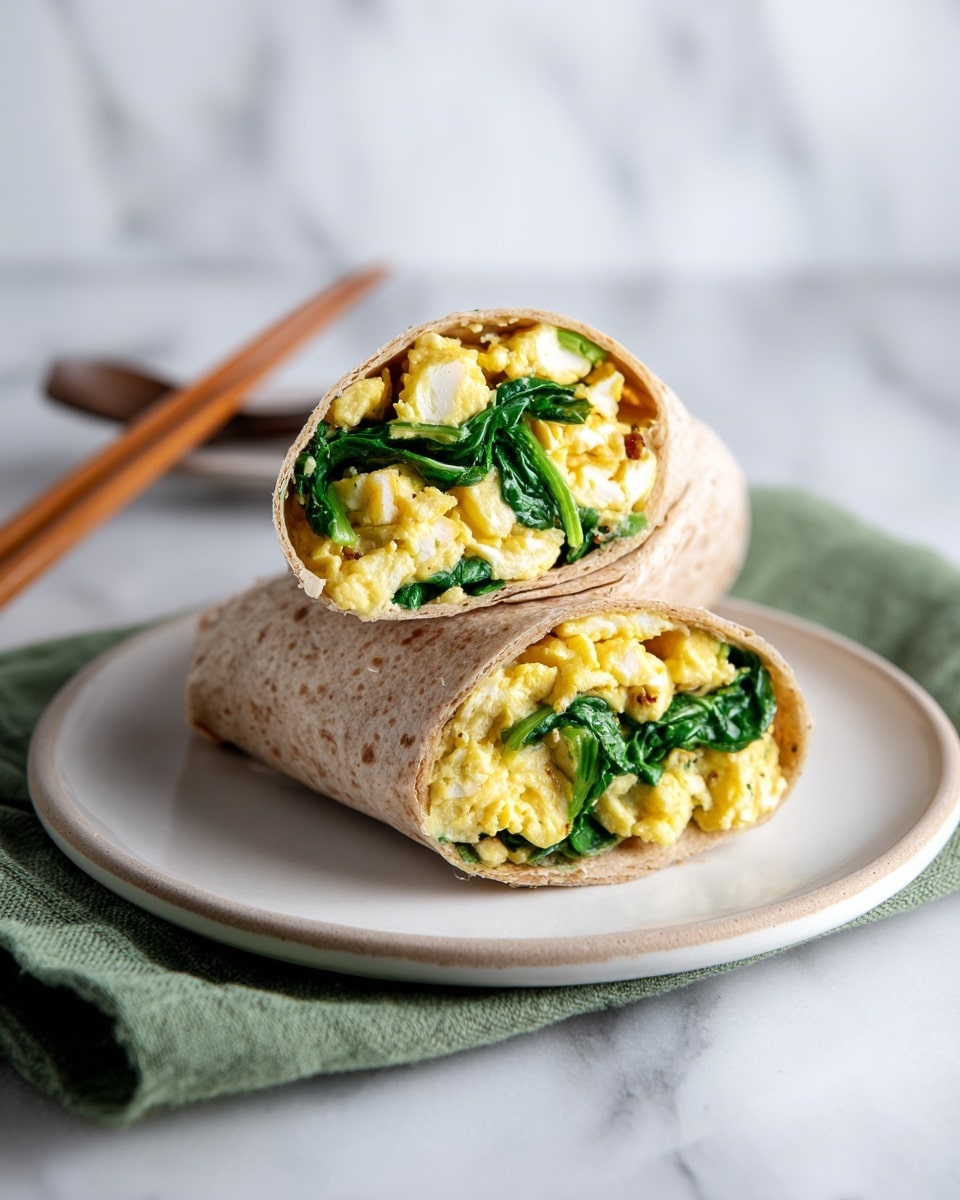 A white plate on a white marbled surface holds a wrap cut in half, showing three layers inside: a soft yellow layer of scrambled eggs, a vibrant green layer of spinach, and a light brown whole wheat tortilla surrounding them. The wrap is positioned slightly tilted with the two halves leaning against each other, revealing the filling. In the background, a woman's hand is holding a pair of wooden chopsticks over a green cloth napkin. Photo taken with an iphone --ar 4:5 --v 7