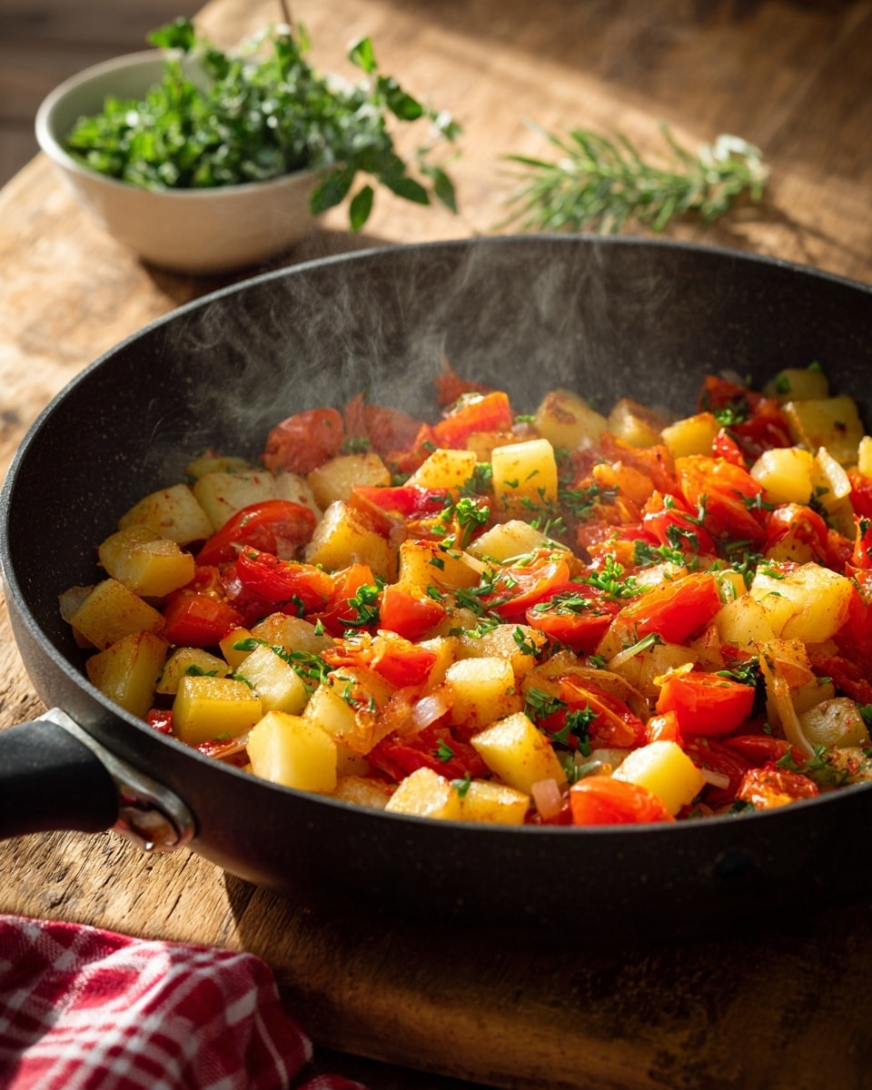 A close-up view of a black pan filled with small cubes of vegetables being cooked, including orange-red tomatoes on top and light yellow potatoes mixed with diced onions underneath. The pan is set on a wooden surface, with slight steam rising from the cooking vegetables. A small white bowl with green herbs and a red checkered cloth are partially visible to the side. Photo taken with an iphone --ar 4:5 --v 7