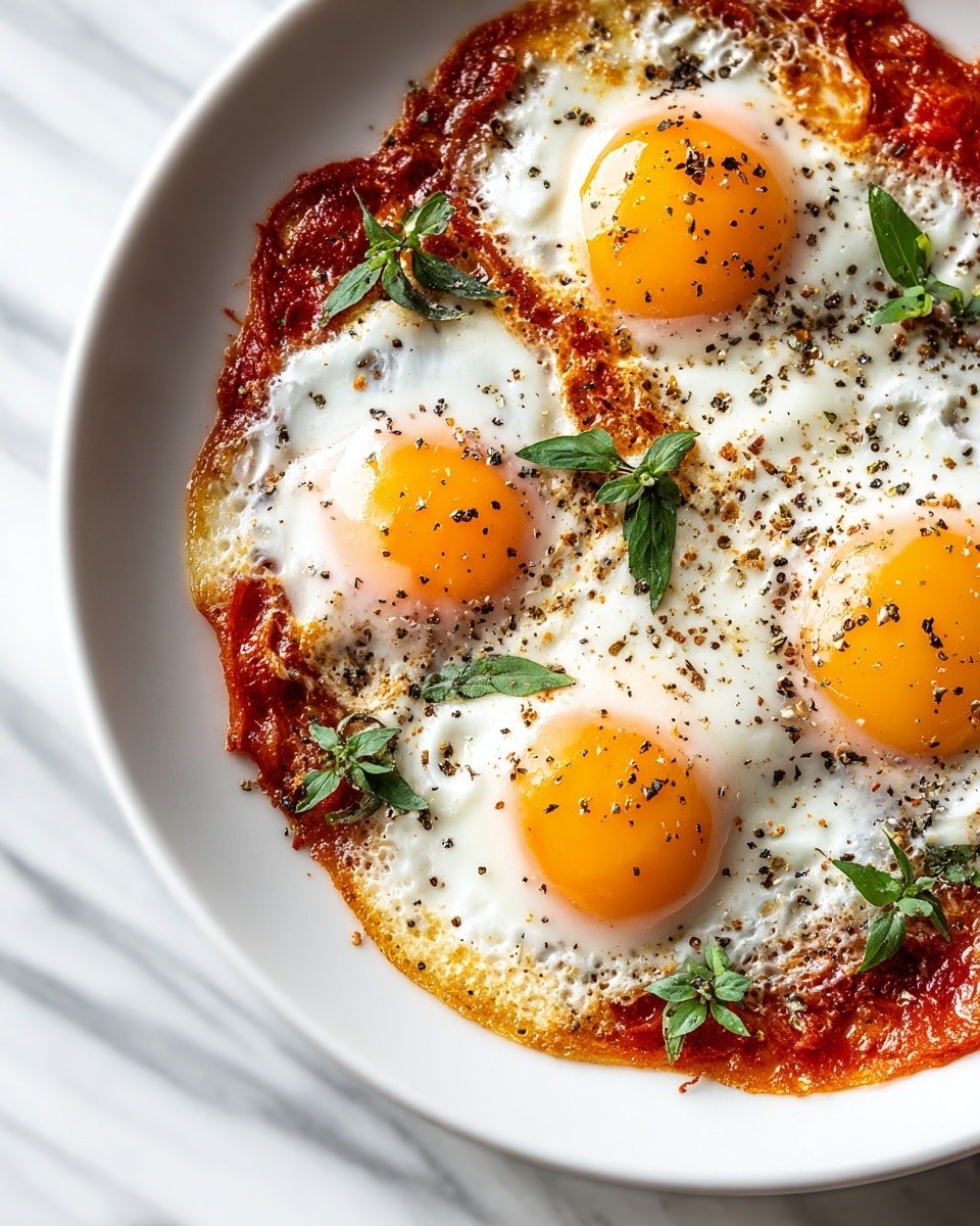 The image shows a close-up of four eggs cooked sunny side up on top of a layer of reddish-brown cooked tomatoes and onions. The eggs have bright white edges with soft, shiny yolks in the center. Small green herbs are sprinkled over the eggs and the red tomato base. Black pepper flakes and tiny green leaves add texture and color contrast. The dish is on a white plate, which rests on a white marbled surface. Photo taken with an iphone --ar 4:5 --v 7