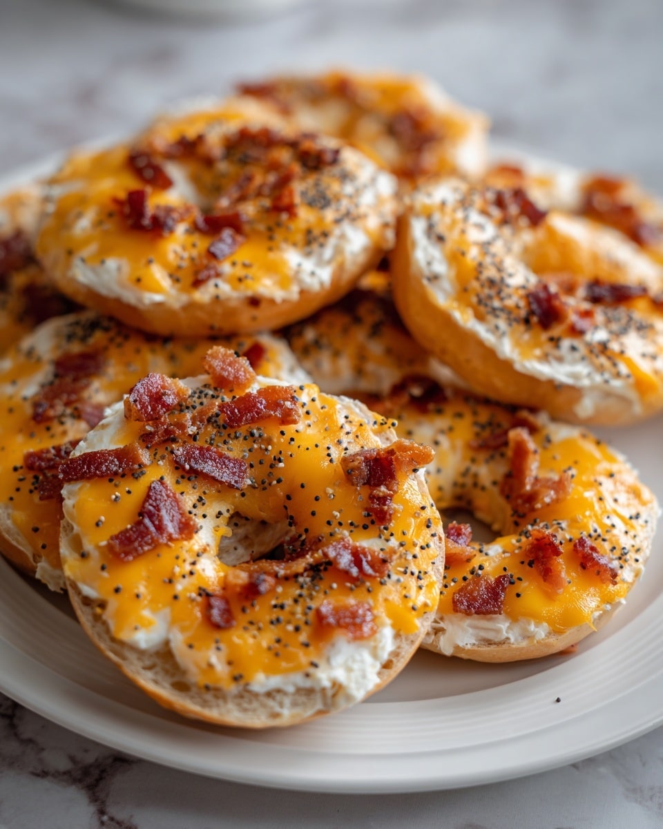 The image shows a close-up of several bagels served on a white plate placed on a white marbled surface. Each bagel has a layer of creamy white spread on top, covered by melted bright orange cheddar cheese. Small pieces of crispy brown bacon and black poppy seeds are sprinkled evenly over the cheese, adding texture and color contrast. The bagels have a golden-brown crust and soft insides visible through some gaps in toppings. Photo taken with an iphone --ar 4:5 --v 7