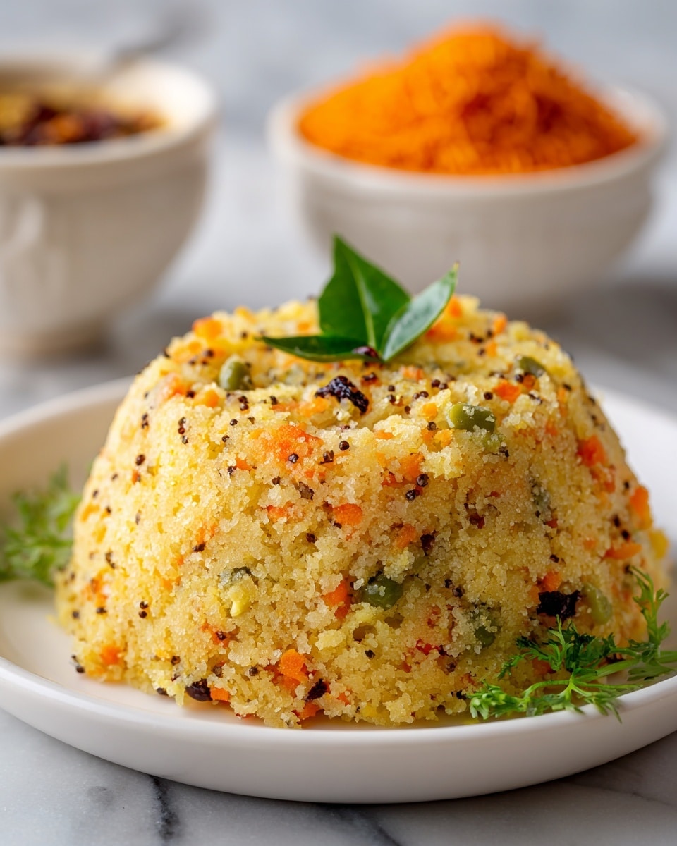 A dome-shaped serving of upma with a light grainy texture, speckled with small pieces of orange carrots, green peas, and black mustard seeds; topped with a single green leaf and a sprig of fresh green coriander, placed on a white plate on a white marbled surface; in the background, a bowl filled with deep orange crispy sev is slightly blurred; photo taken with an iphone --ar 4:5 --v 7