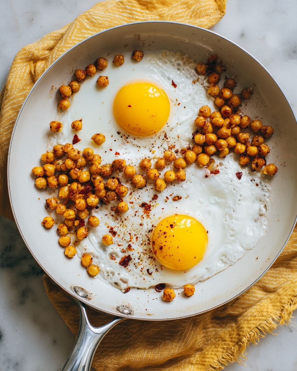A white pan holds two cooked eggs with bright yellow yolks and glossy white edges. Scattered around and partially covering the eggs are small, round chickpeas with a golden brown and slightly crispy look. Dotted among the chickpeas are small pieces of dark red seasoning or spices. The pan sits on a yellow cloth with a white marbled texture background visible nearby. photo taken with an iphone --ar 4:5 --v 7