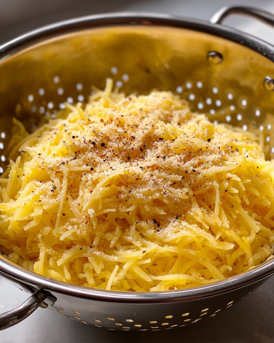 A close-up image shows a large shiny silver metal colander filled with shredded yellow potato and sprinkled with small brown breadcrumbs, black pepper, and a fine dusting of salt. The colander has a handle on one side and tiny holes at the bottom for draining. The texture of the shredded potato looks soft and moist, while the breadcrumb layer appears dry and crumbly, sitting mostly on top of the shredded potatoes. The photo features a warm kitchen light reflection on the colander’s surface. Photo taken with an iphone --ar 4:5 --v 7