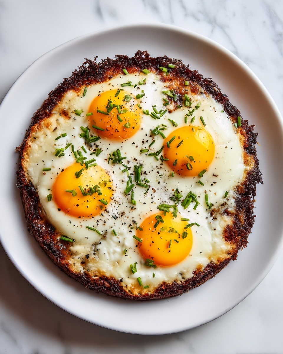 A round dish with a crispy, dark brown base layer that looks thick and crunchy, topped by a layer of cooked eggs with bright yellow yolks and white, slightly browned edges, sprinkled lightly with black pepper. The eggs are spread evenly across the entire top surface, and the dish is placed on a white plate with a smooth finish, all sitting on a white marbled surface. Photo taken with an iphone --ar 4:5 --v 7