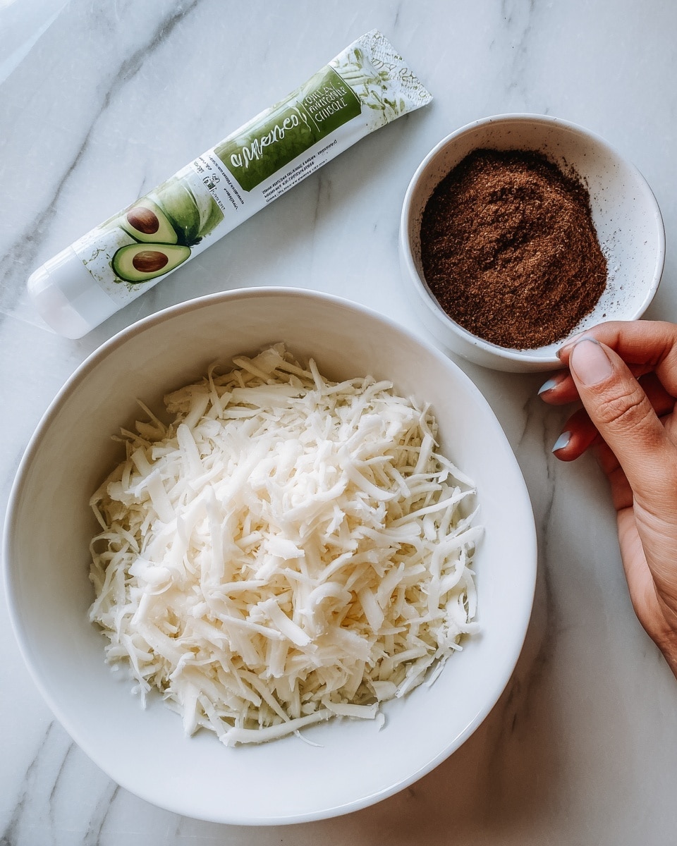 The image shows two white bowls on a white marbled surface. The larger bowl is filled with shredded white cheese, which has a soft texture and is evenly piled up. Next to it is a smaller white bowl with a small amount of brown powder, which looks crumbly and fine. There is also a green and white tube with avocado pictures placed next to the bowls. A woman's hand is not visible interacting with the items. The lighting is bright and natural, making the colors clear and fresh. photo taken with an iphone --ar 4:5 --v 7
